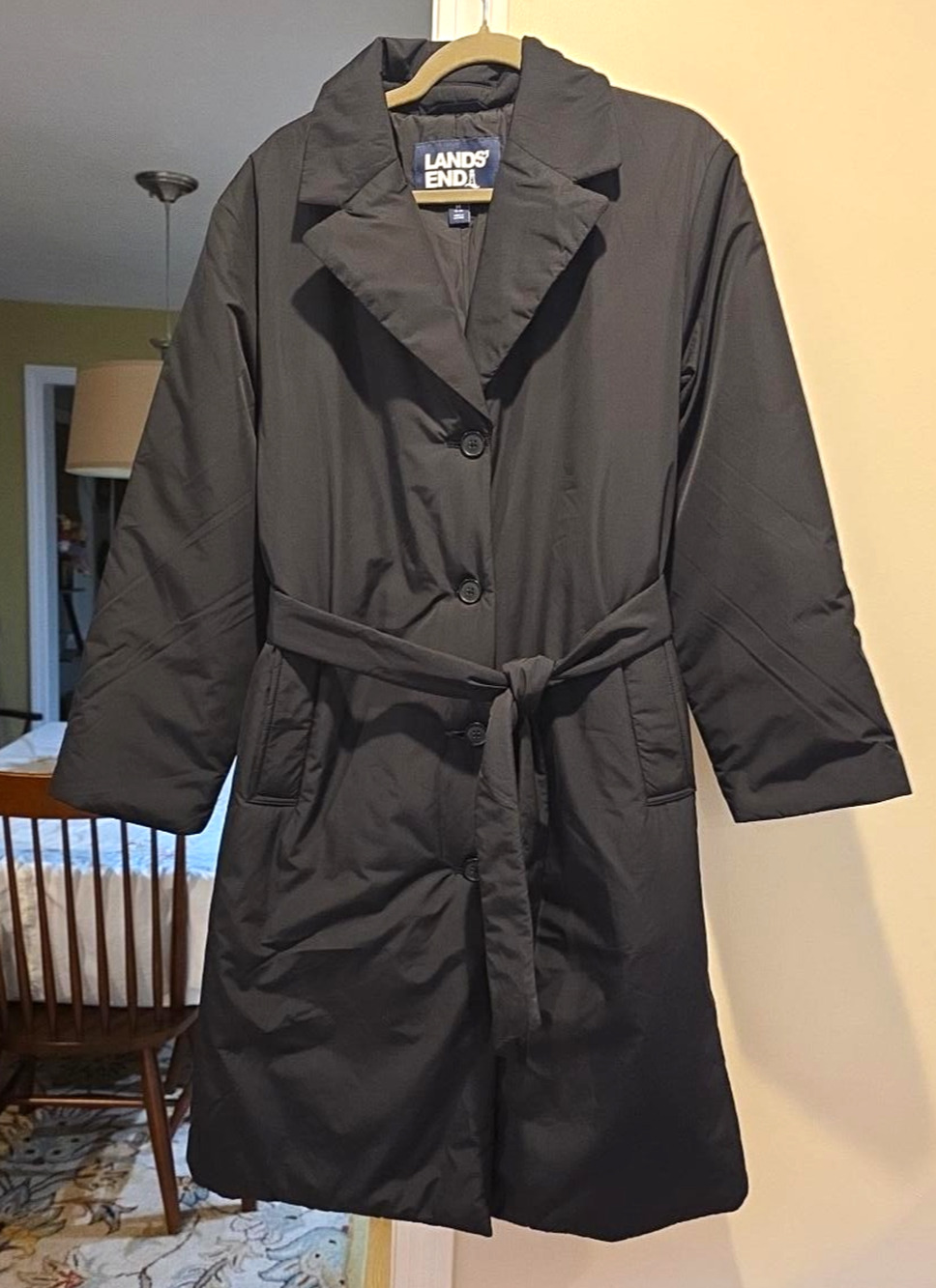 Lands' End PrimaLoft Insulated Trench Coat M 10-12 Black Long Belted Winter